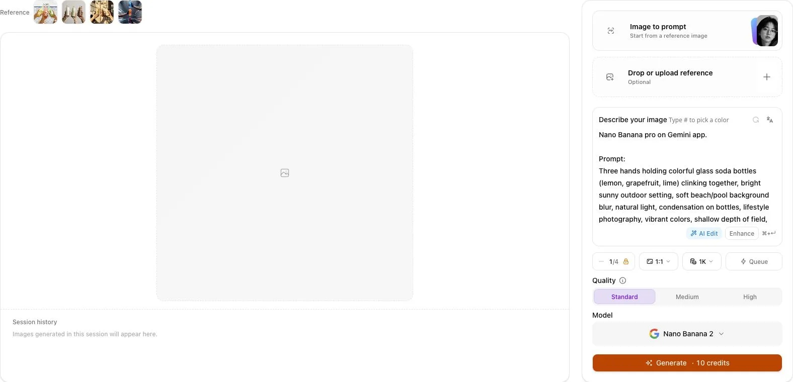 ColabaseAI generate page opened from a gallery prompt with model and prompt settings