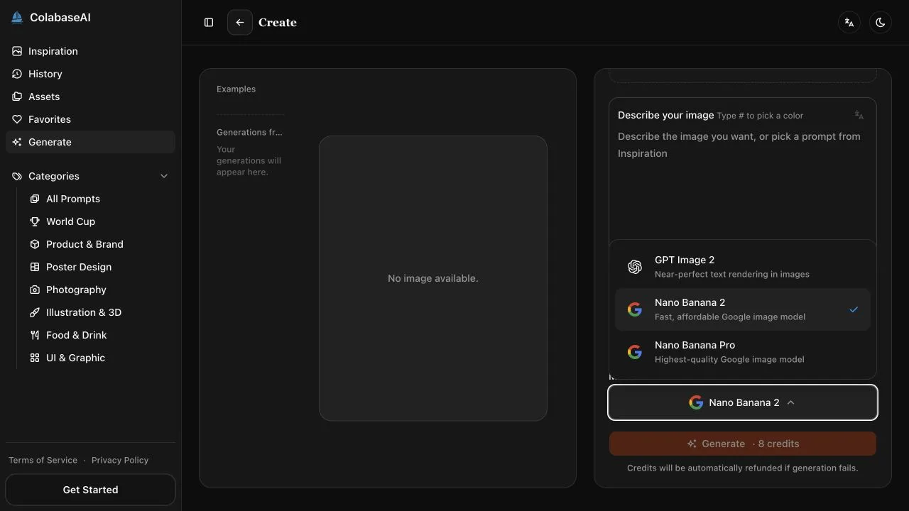 ColabaseAI generation interface showing GPT Image 2, Nano Banana 2, and Nano Banana Pro