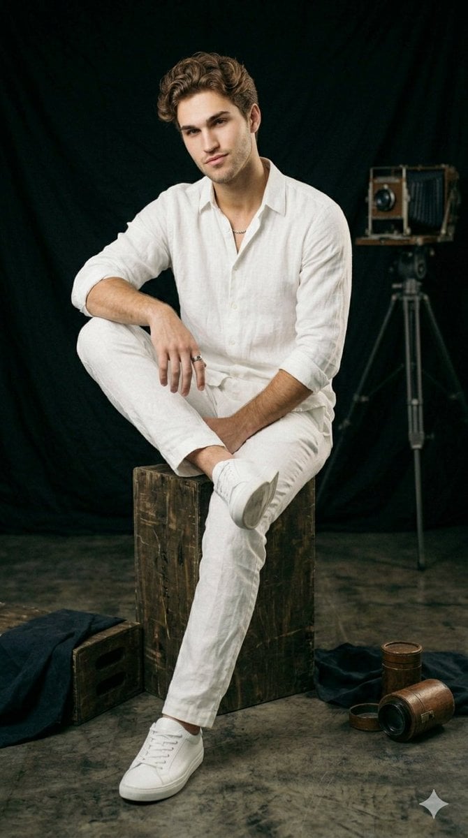Studio Portrait of a Man in White Linen