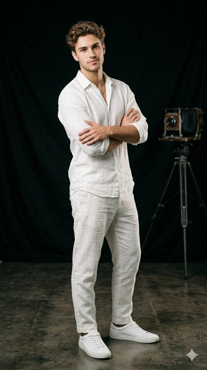 Studio Portrait of a Man in White Linen