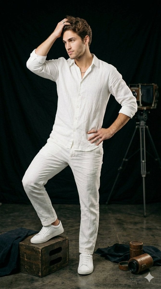 Studio Portrait of a Man in White Linen