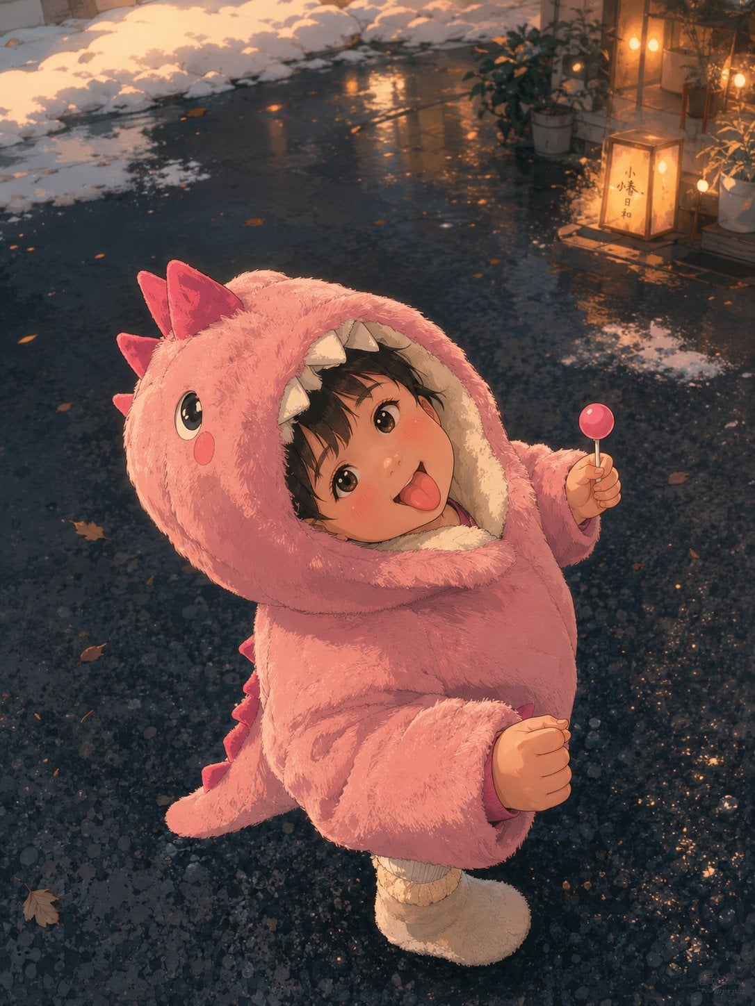 Cinematic Anime Child in Pink Dinosaur Hoodie