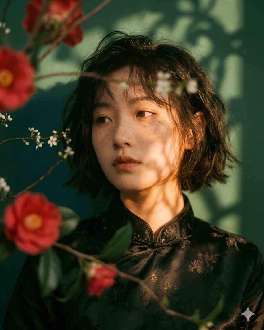 Elegant Qipao Portrait in Camellias