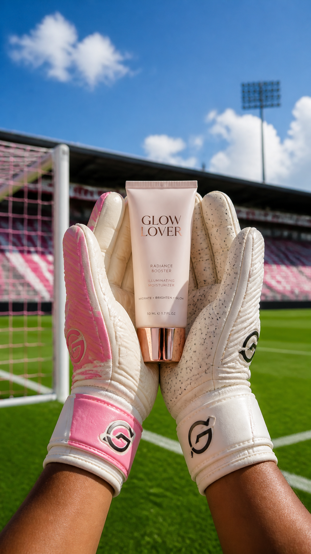 A pair of goalkeeper gloves, one with pink accents, is hel... preview