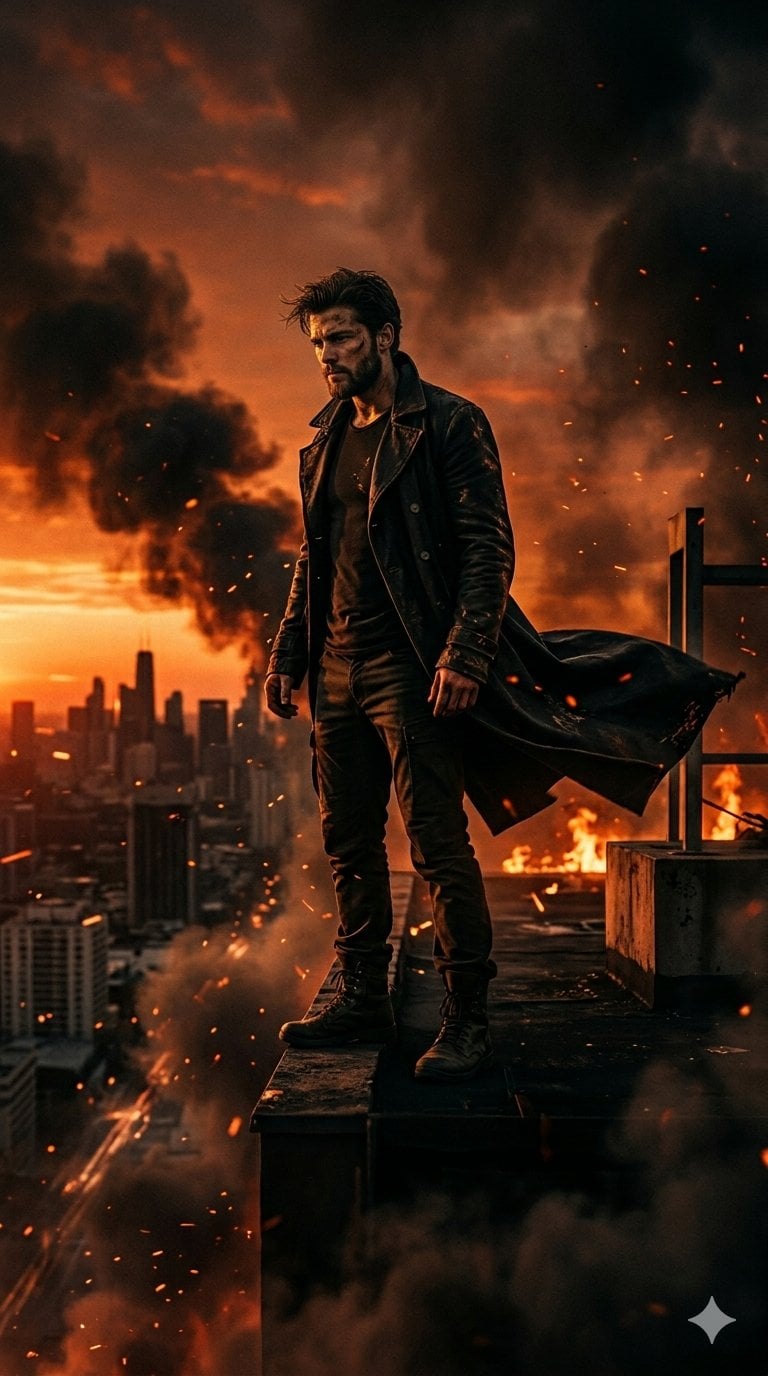 Man on Burning Skyscraper at Sunset