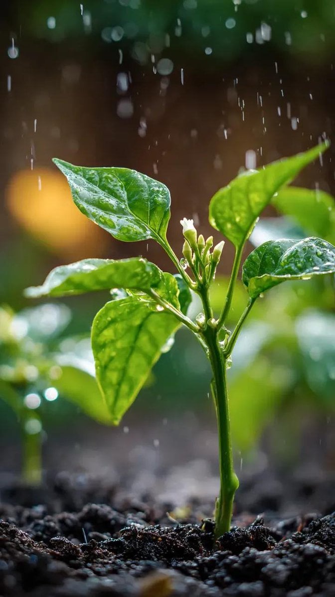A small chili plant with glossy green leaves and one tiny... preview