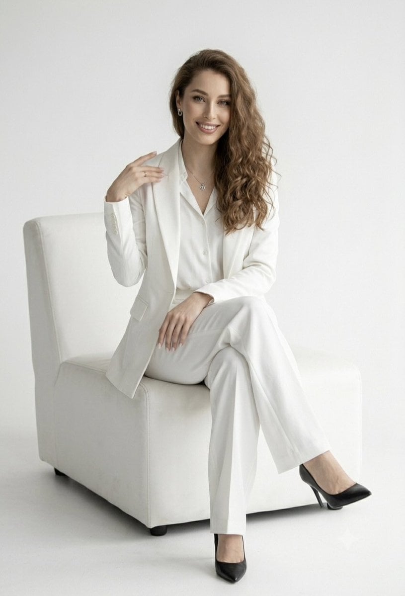 Elegant Woman in White Pantsuit