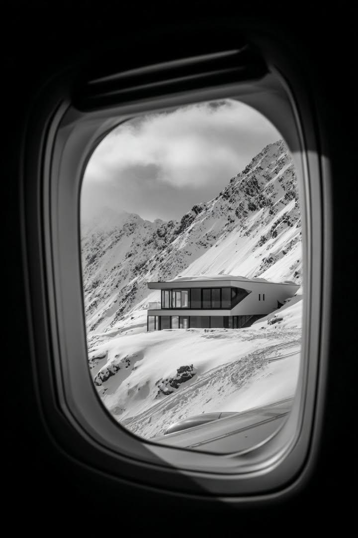 Futuristic Mountain House from Airplane Window