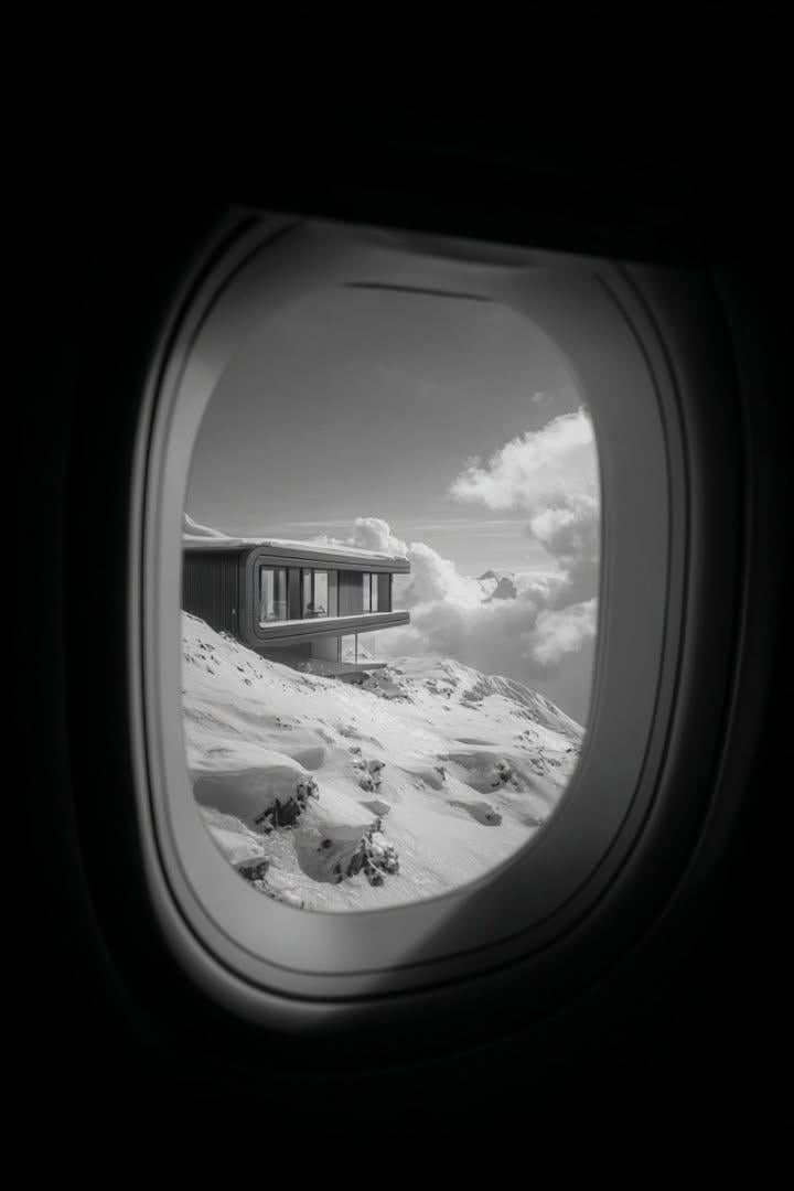 Futuristic Mountain House from Airplane Window