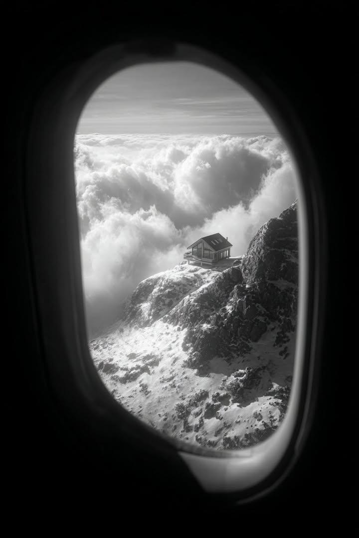 Futuristic Mountain House from Airplane Window